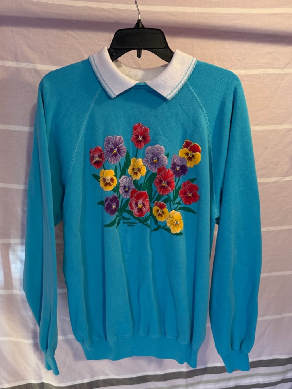 Cabin Creek Turquoise Floral Crewneck Sweater with White Collar